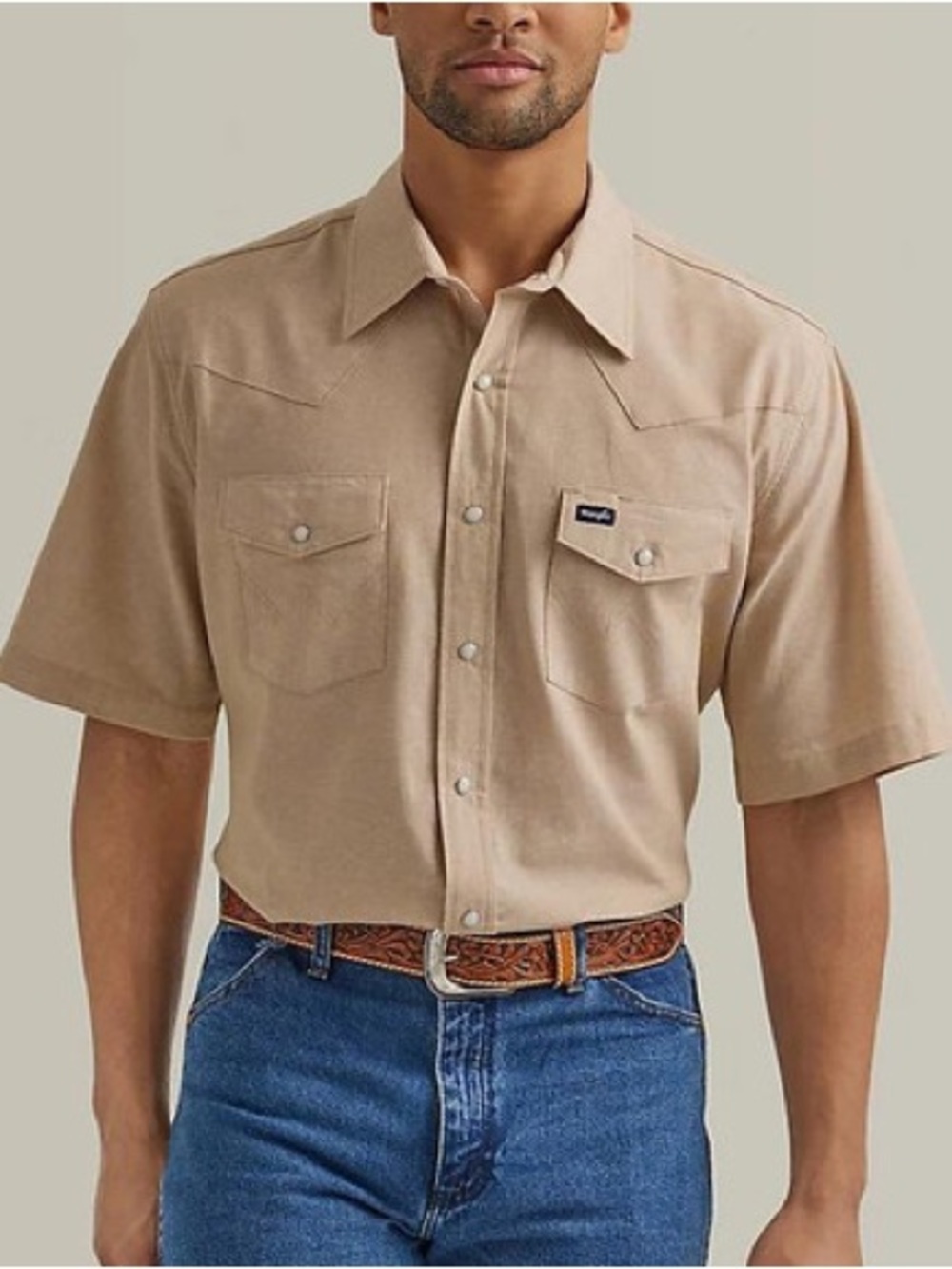 Wrangler Cowboy Cut Khaki Western Pearl Snap Workshirt Large Tall Short Sleeve